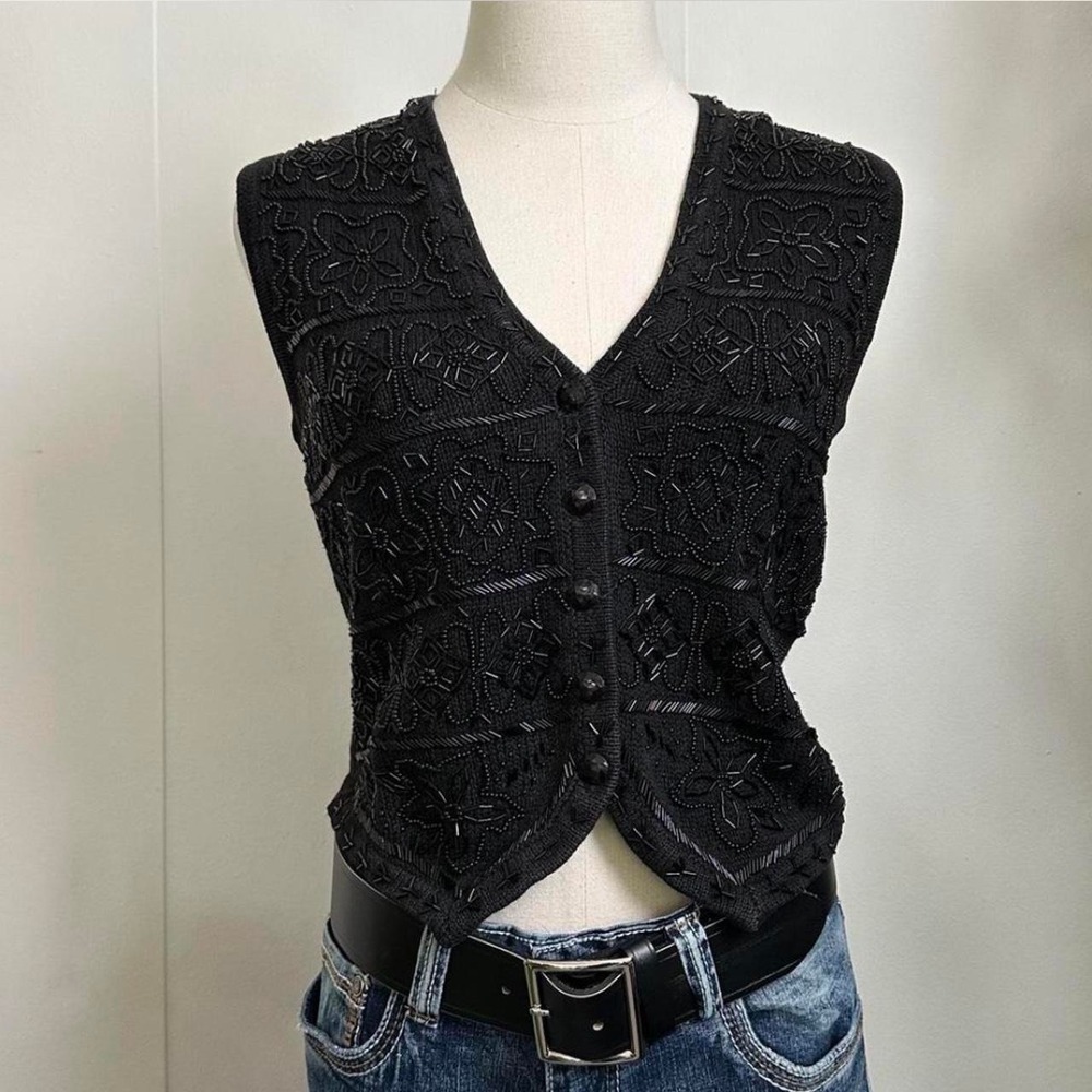 Vintage Worthington Black Beaded Floral Knit Vest Petite Small Ramie Cotton Goth